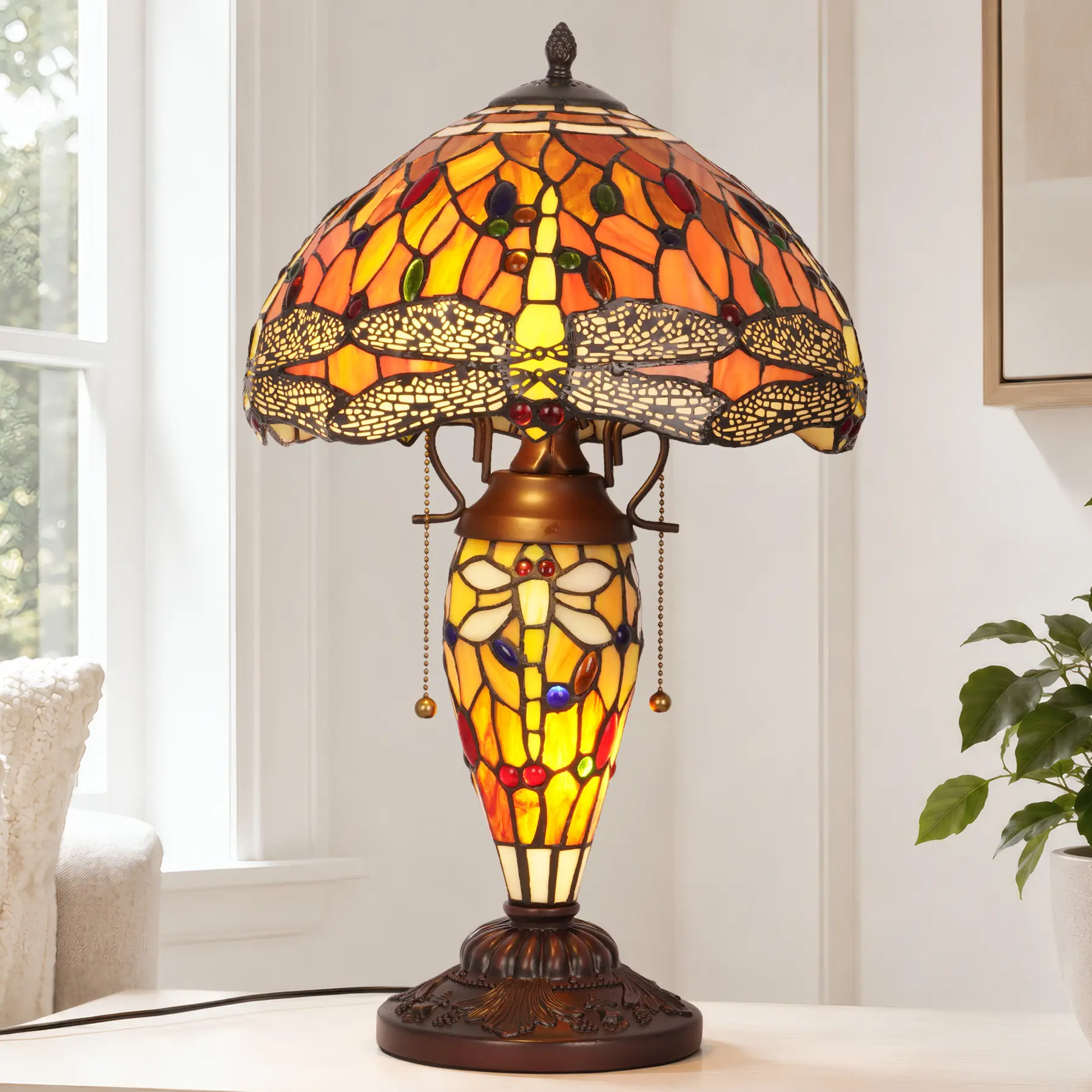 11.8 Inch Tiffany Dragonfly Table Lamp, Double-Layer Orange Stained Glass Shade Antique Bronze Base, 3-Light E26 E14 Vintage Decor Nightstand Lamp for Bedroom Library Living Room