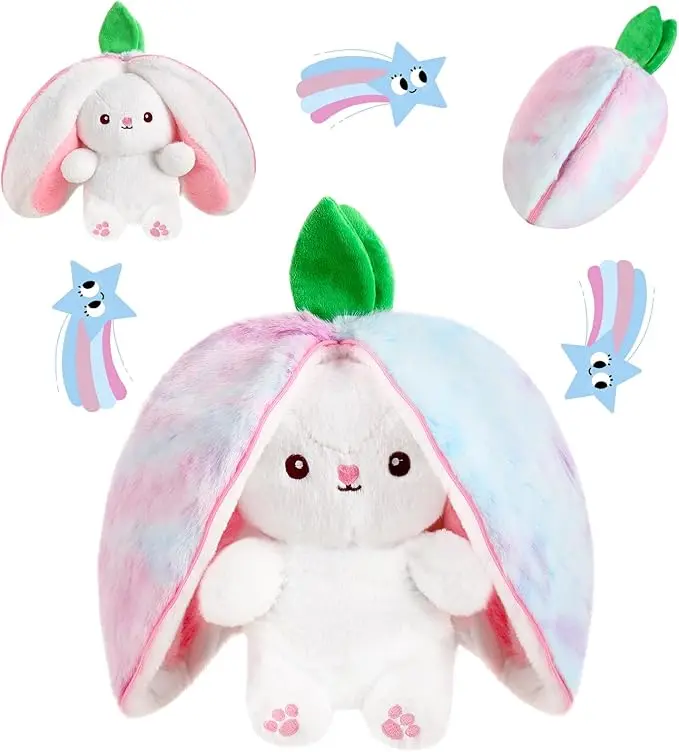 Emoin Reversible Strawberry-Bunny Ultra-Soft Stuffed Animal, 9.8 Inches Durable Fabric Plush Doll, Easy to Carry Easter Basket Filler for Kids, Soft Decoration & Memorable Gift