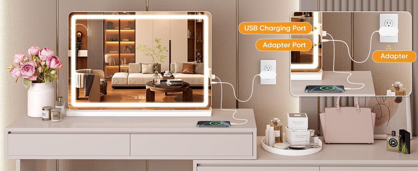 Adjustable White Square Lighted Vanity Mirror, Durable Aluminium Modern Mirror with LED Dimmable 3-Color Lights, Touch Screen Control, High-Def for Bathroom Dresser & Household Items Decor
