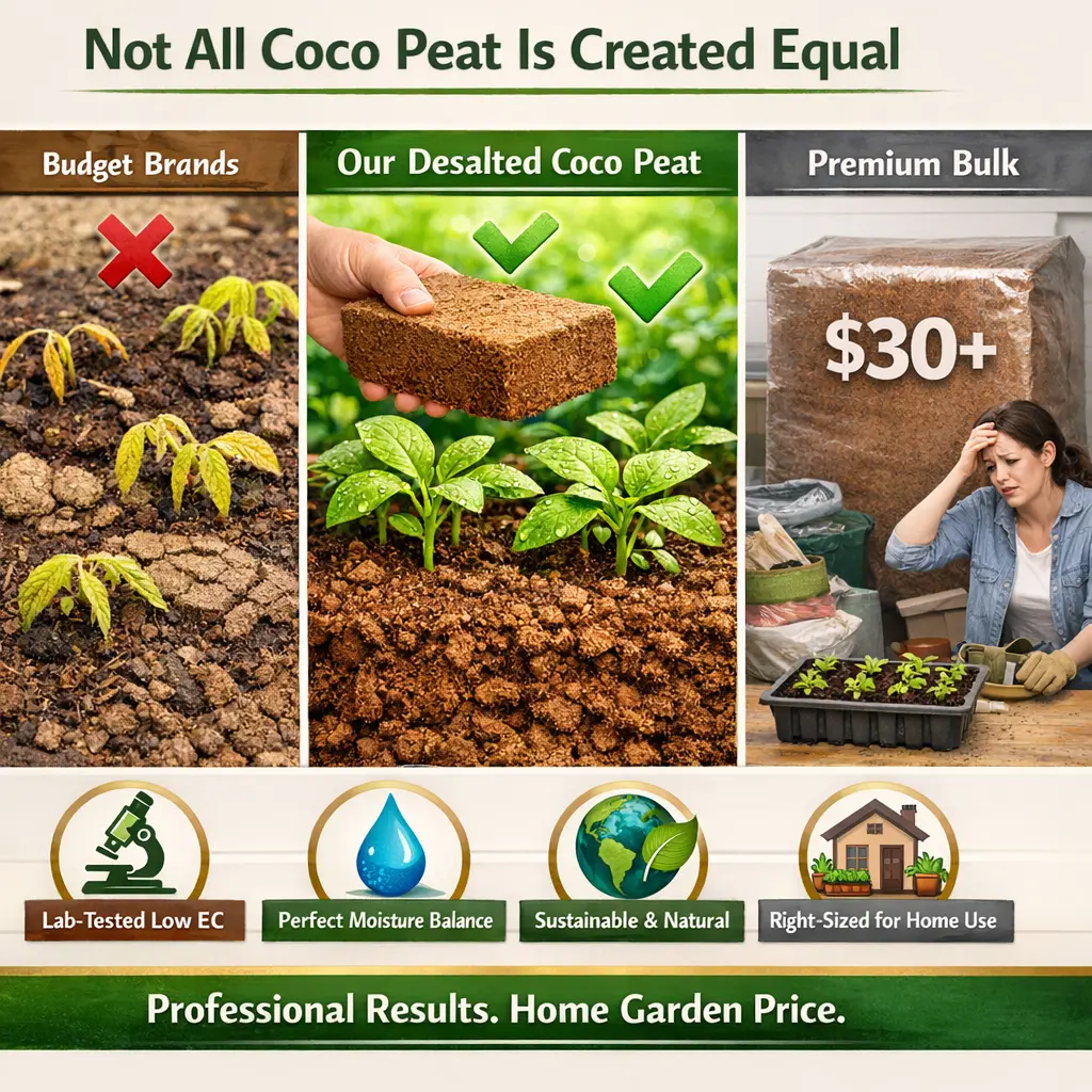 Desalted Coconut Coir Compressed Brick - Natural & Biodegradable Premium Soil Amendment with Low-EC, Low Salt Stress, Moisture Retention, Soil Aeration Enhancement for Seed Starting, Home Gardening