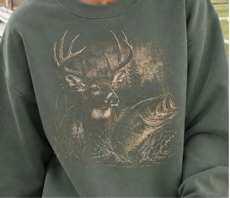 Women’s Vintage Cotton-Spandex Fabric Top, Unisex Wildlife Motif (White-Tailed Deer & Bass), Comfortable Fit Printed Hoodie/Crewneck for Matching Outfits