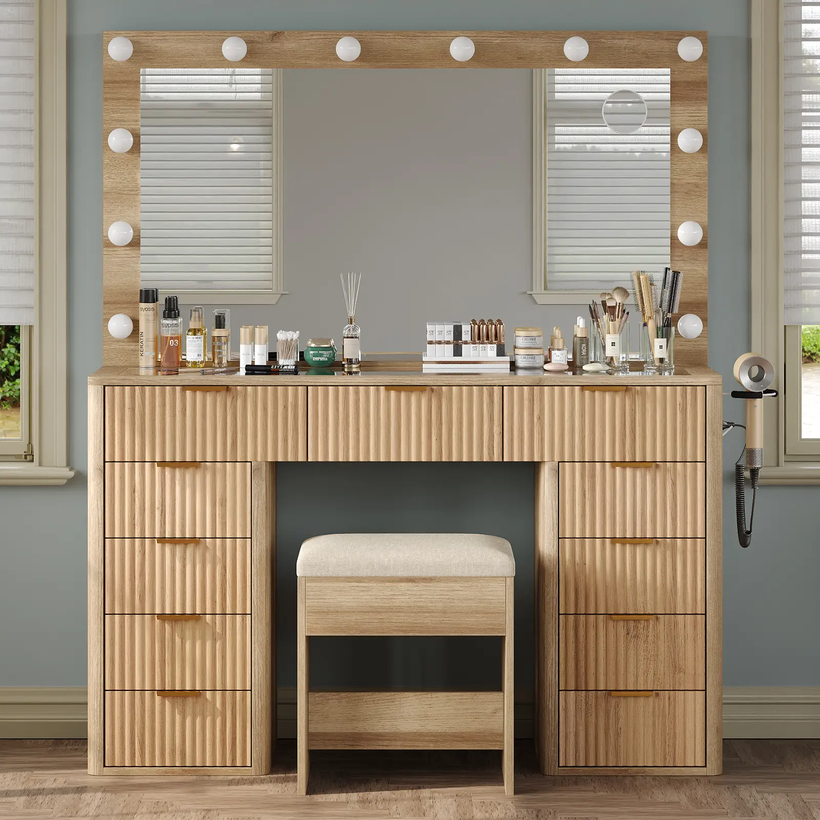 FUSOU 47“W Fluted Vanity Desk, [Shipping by 2 Packages], 11 Drawers Makeup Vanity with Power Outlet & Lighted Mirror, 3 Lighting Modes Adjustable, Vanity Set with Glass Top, Vanity Table with Chair for Bedroom, Dressing Room, Natural
