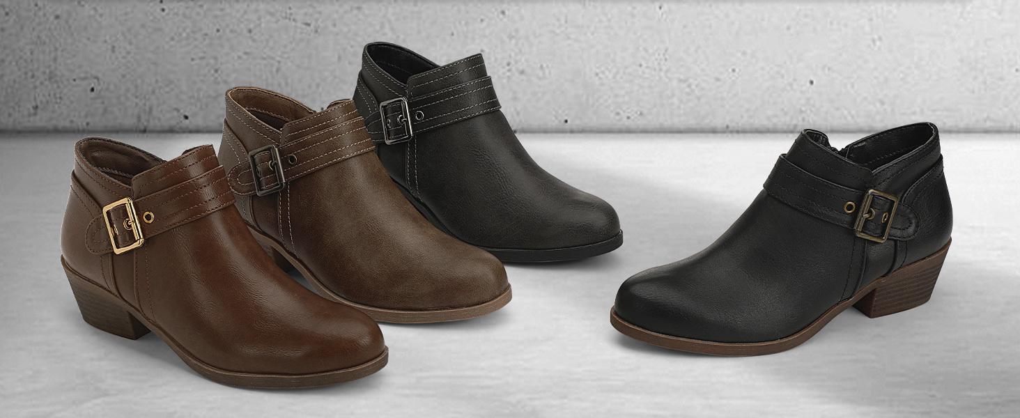 Comfortable Round-Toe Ankle Boots for Women with a Low Chunky Stacked Heel And Side Zipper.