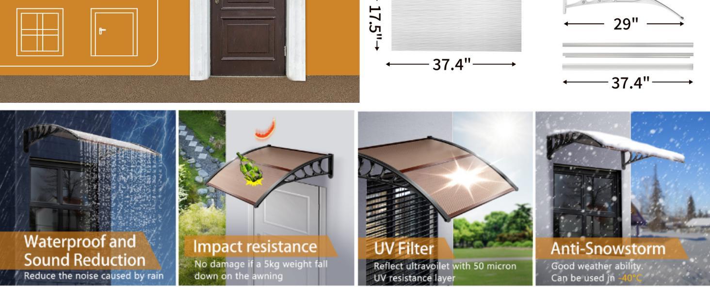 Ubesgoo Window Awning Door Canopy, Polycarbonate Cover Front Door Outdoor Patio Awning Canopy UV Rain Snow Sunlight Protection Hollow Sheet, Brown Board & White Bracket