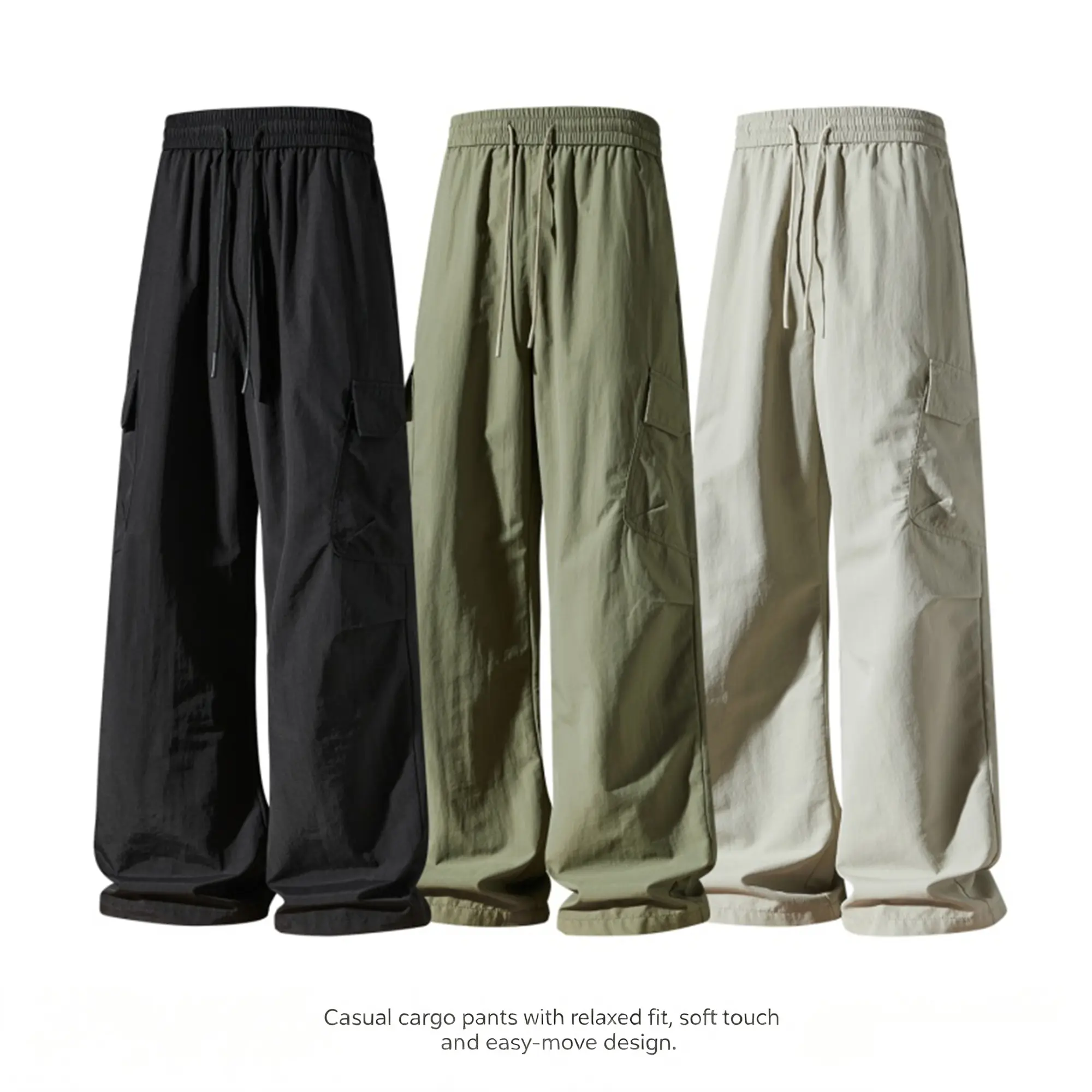 Japanese-style casual straight-leg pants for men — lightweight summer breathable long pants with side seams, large pockets, and an elastic waistband