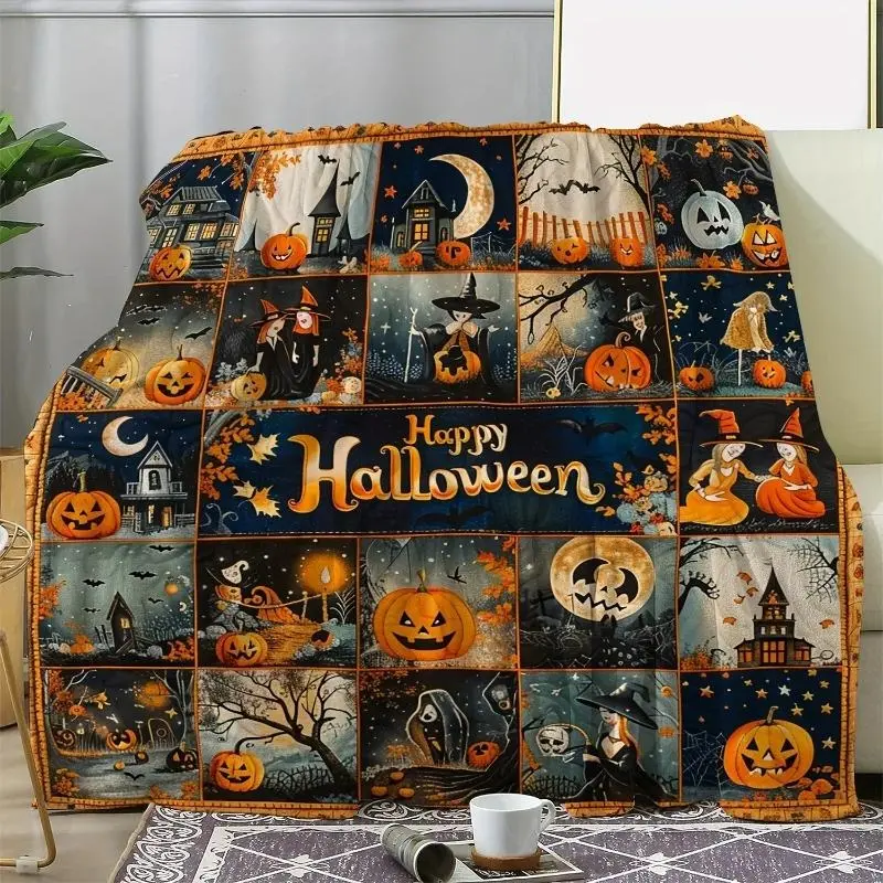 Vintage Inspired Halloween Flannel Throw Blanket - Digital Printing Pumpkin & Witch Design, All-Season Cozy Soft Knitted Bedding Cover, Digital Printing Blankets, Vintage Inspired Blankets