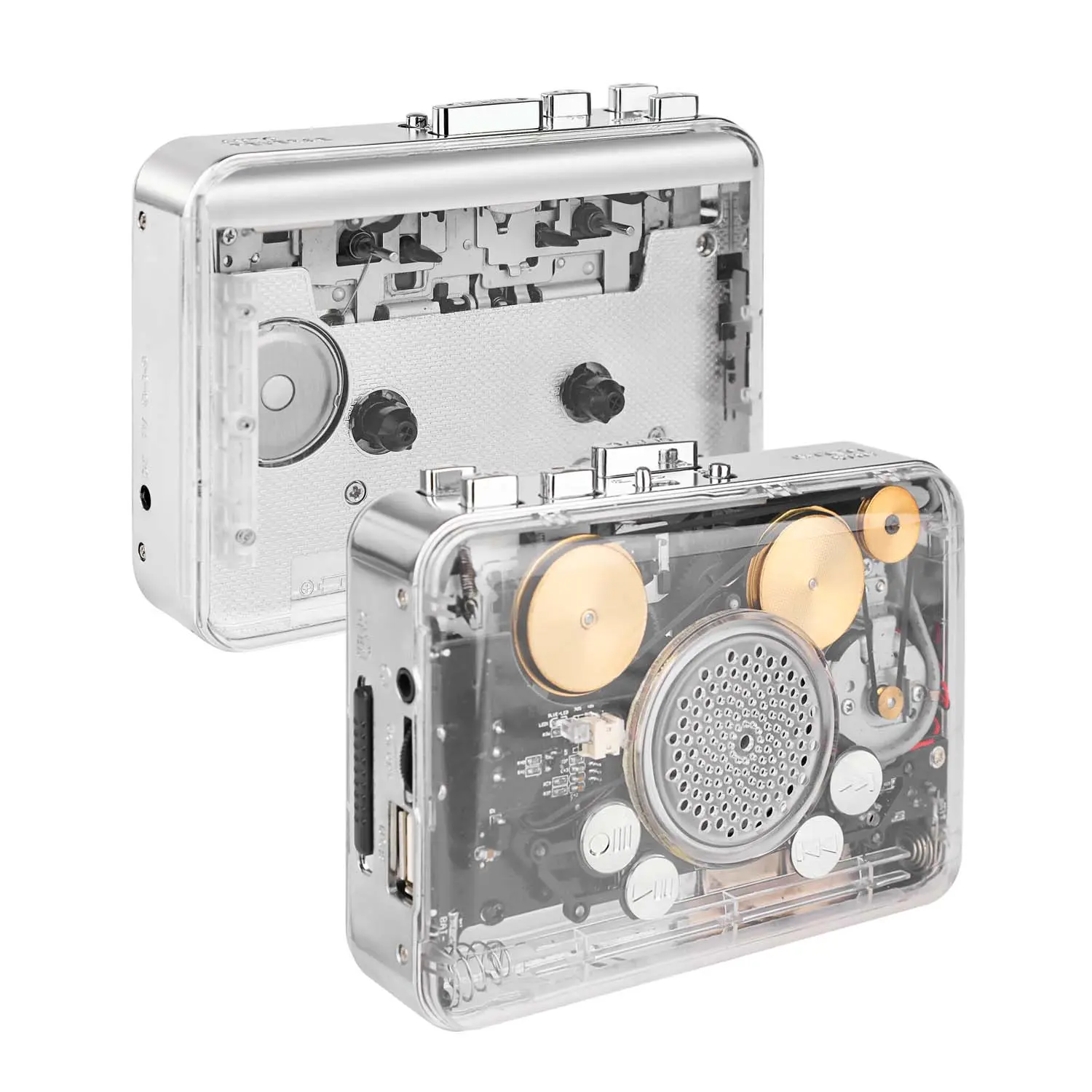 Transparent USB Cassette Player with Radio - 3.5mm Headphone Jack, Stereo Cassette-to-Digital Converter for PC, Multi-Format Playback, Enjoy Tape Music Quietly Through Headphones, Walkman for Music Lovers Audio Device Vintage