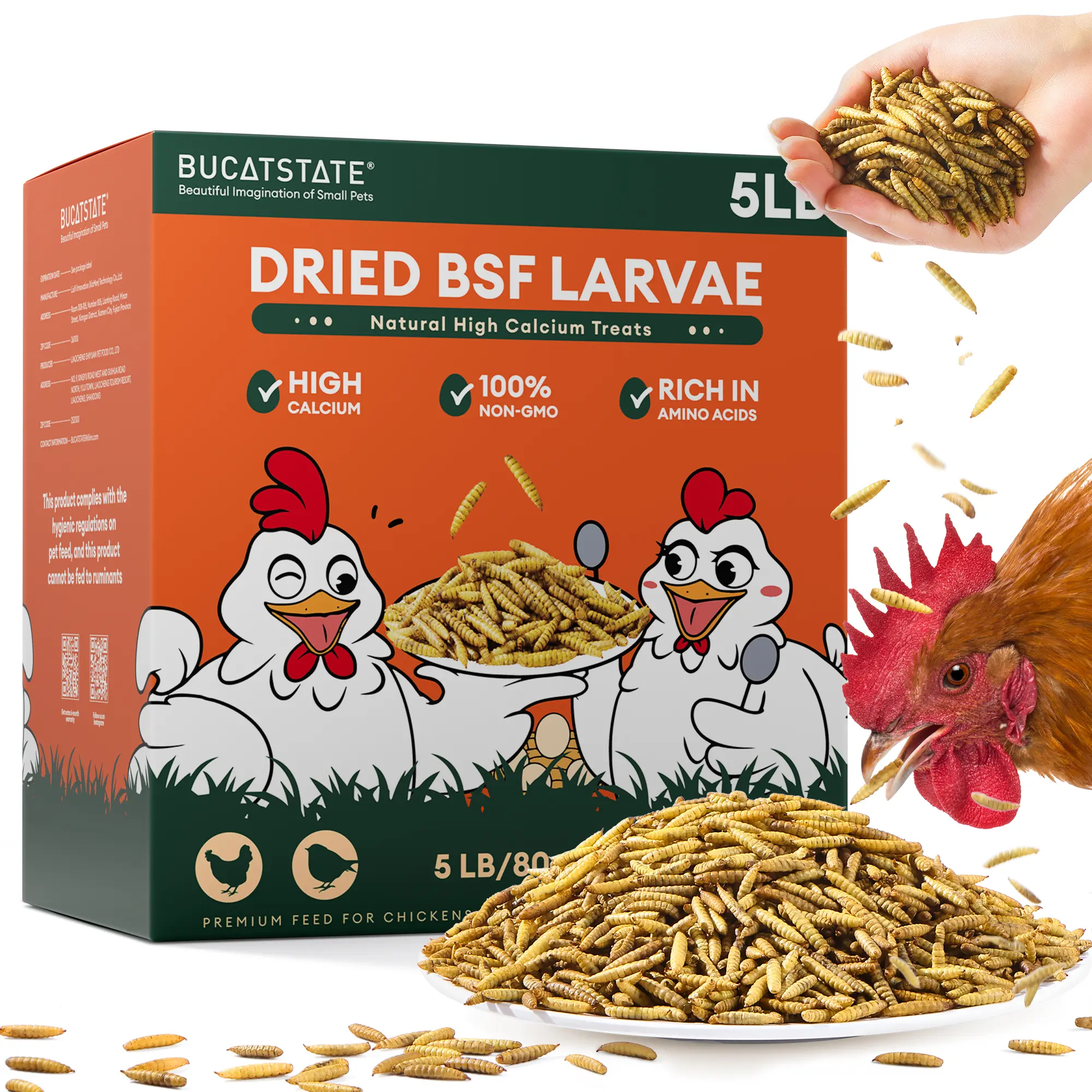 BUCATSTATE 5LB Dried Black Soldier Fly Larvae BSFL Treats, 85X More Calcium Than Mealworms, Non‑GMO High Protein Food for Chickens Ducks Wild Birds Hamsters Reptiles Hedgehogs Pond Fish