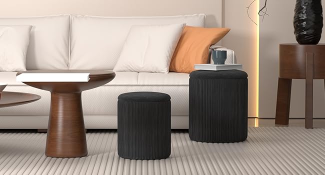 Round Ottoman Vanity Stool with Storage Set of 2, Beige Velvet Round Ottoman with Storage, Multifunctional Round Storage Ottoman Foot Rest, Storage Ottoman Round with Storage for Living Room Round Ottoman Vanity Stool with Storage Set of 2, Beige Velvet Round Ottoman with Storage, Multifunctional Round Storage Ottoman Foot Rest, Storage Ottoman Round with Storage for Living Room