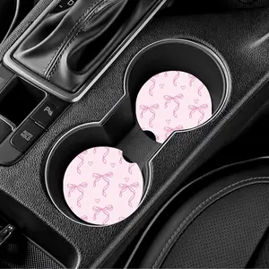 Pink Coquette Car Coasters Set of 2 with Adorable Bow and Heart Design for Elegant Car Interior