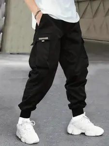 Men’s Plus Size Loose Cargo Jogger Pants – Black Drawstring Design, Conceals Bulges, Slimming Fit for Everyday Wear