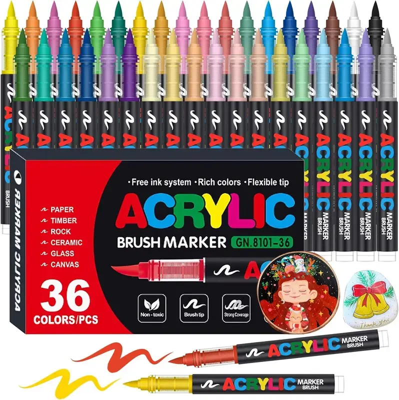 36 Liquid Acrylic Colorful Markers for Adults - Soft Brush Tip, Blendable, Quick-Dry Multi-Surface Office Art Pens, Ideal Easter Gift