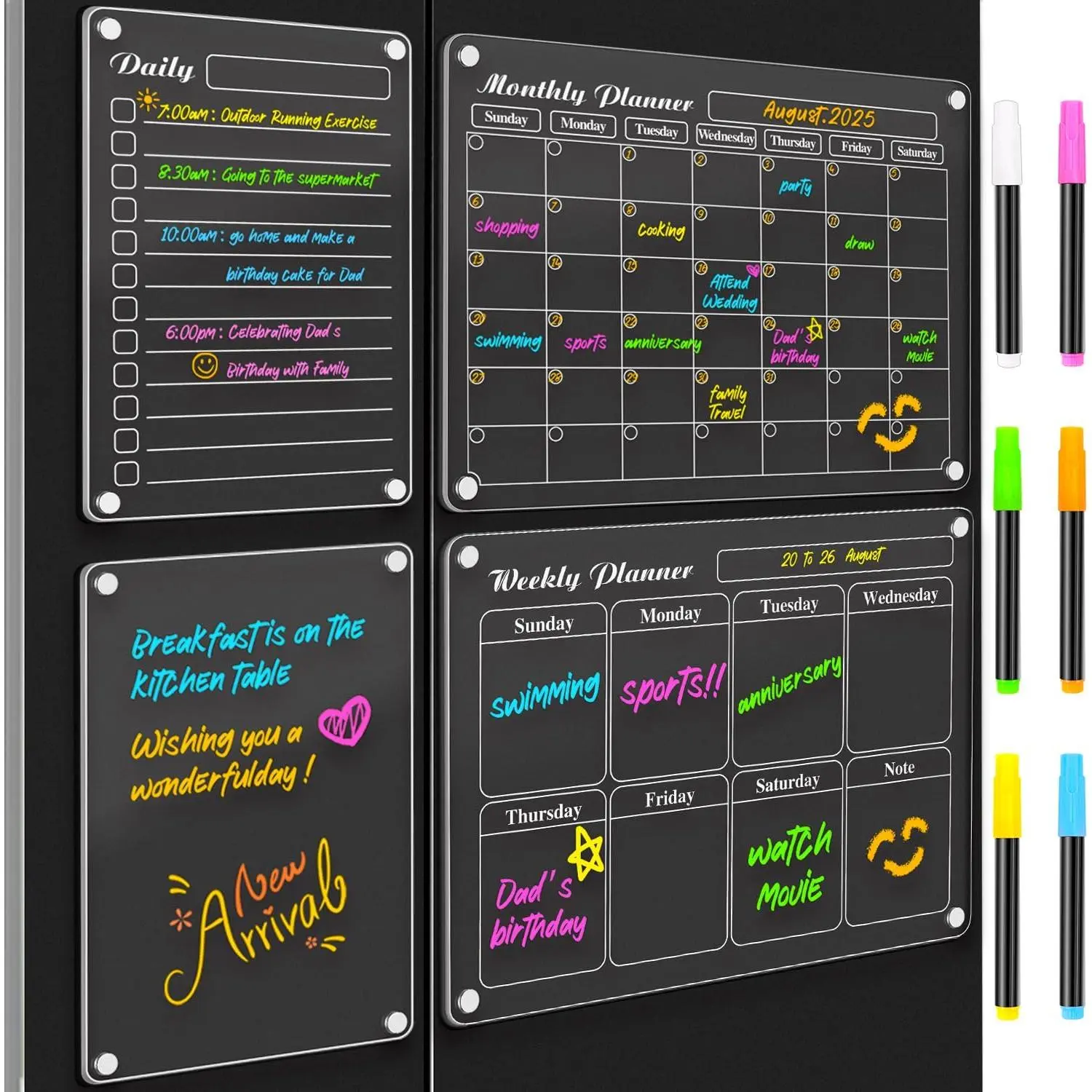 Acrylic Magnetic Dry Erase Fridge Calendar - Chalkboard Monthly Planner for Fridge Organization, Daily Planning, Home Users, Durable Easy-to-Clean Refrigerator Magnet Home Supply, Includes 6 Highlight Markers Multiple Pieces