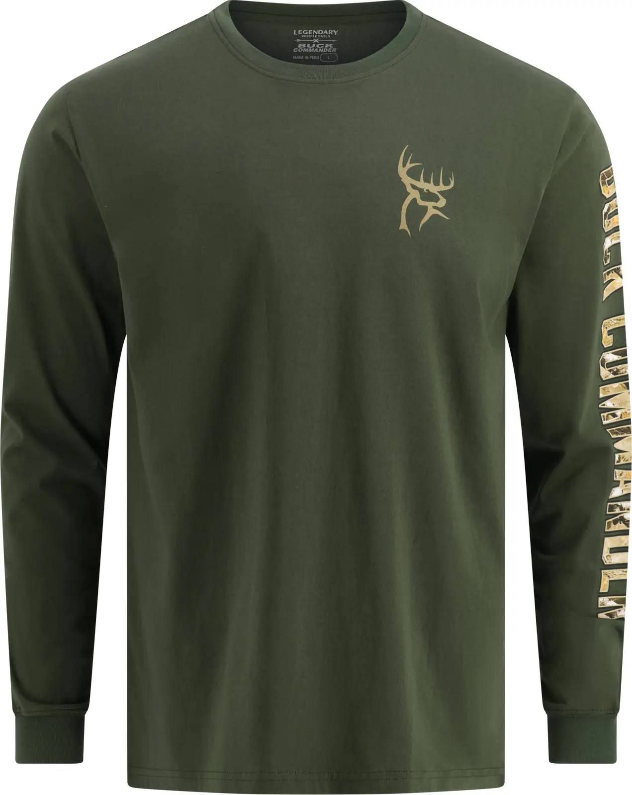 Legendary Whitetails Men's Buck Commander Camo Filled Long Sleeve Graphic Top - Breathable Cotton Fabric, Flag Accent, Sturdy Hem
