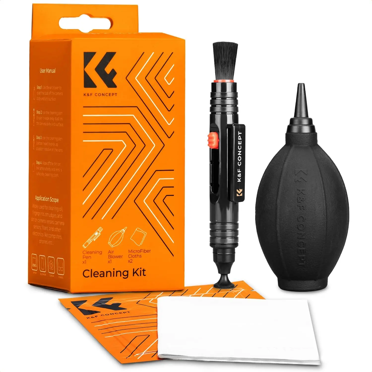 K&F CONCEPT Eco-Certified 4-in-1 Complete Camera Lens Cleaning Kit - Lens Cleaning Pen, Camera Air Blower, Microfiber Cloth, Solution for DSLR Lenses (Canon, Nikon, Pentax, Sony) & Cell Phones