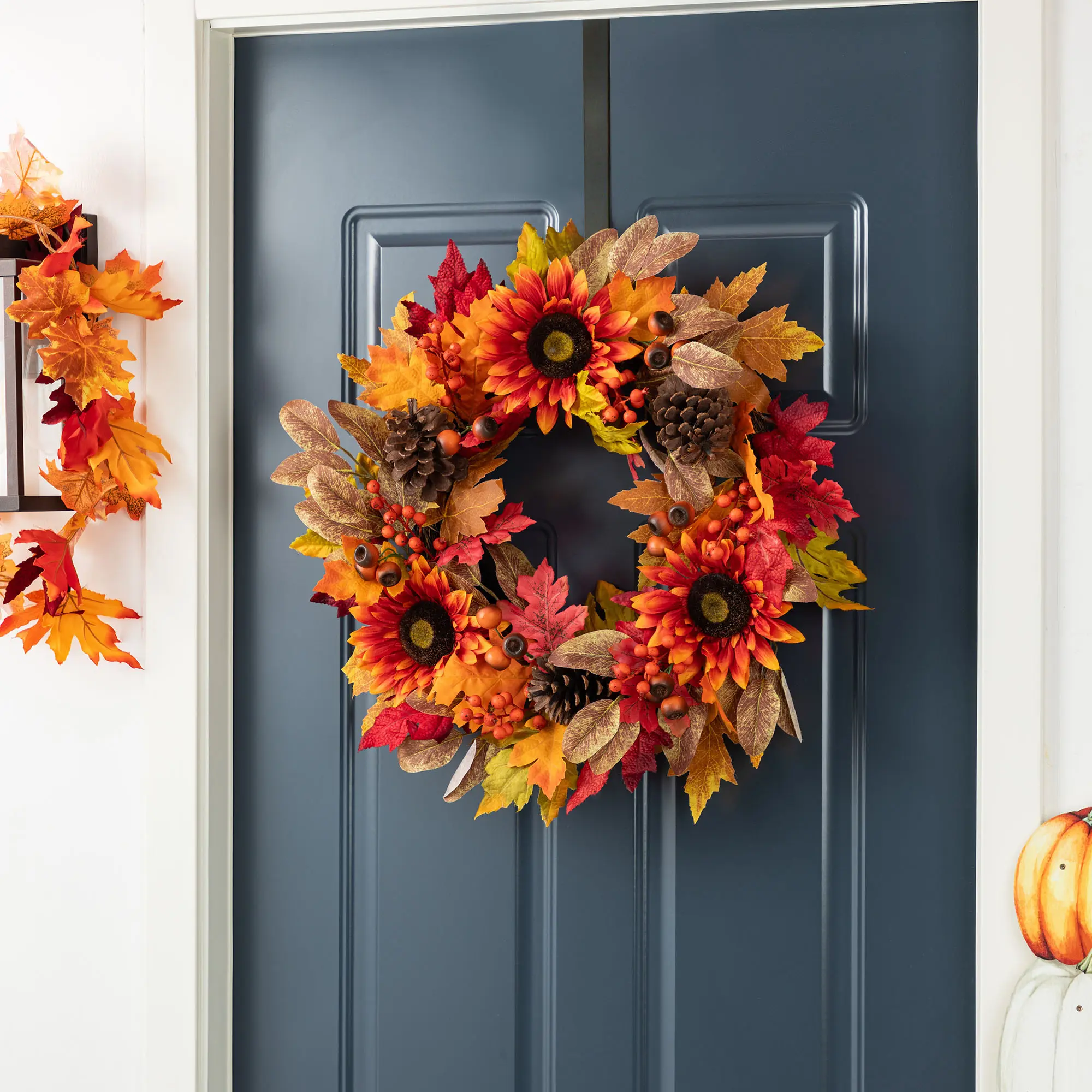 Glitzhome Handmade 24 In 24" Diameter Rustic Colorful Fall Wreath with Cheerful Sunflowers, Pinecones, Clusters of Berries - Includes Complimentary Black Metal Wreath Hanger for Home Decor