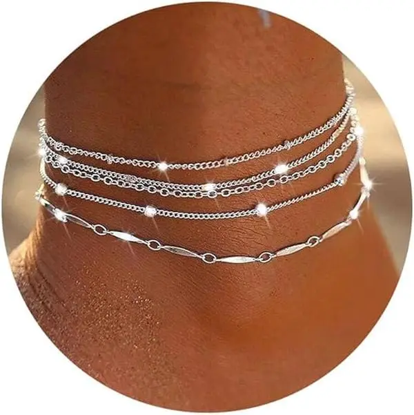 5-Piece Layered Chain Anklet Set for Women, Adjustable Waterproof & Hypoallergenic Brass Ankle Bracelets, Elegant Accessory for Beach, Anniversary & Valentine Gift, Fashionable Jewelry Accessories, Trendy Fashionable Accessories