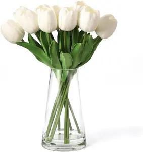 Premium Artificial Tulks - 10 Stems Realistic Faux Silk Tulips Flowers with Bendable Stems and Glass Vase, Ready-to-Display Home Décor,White