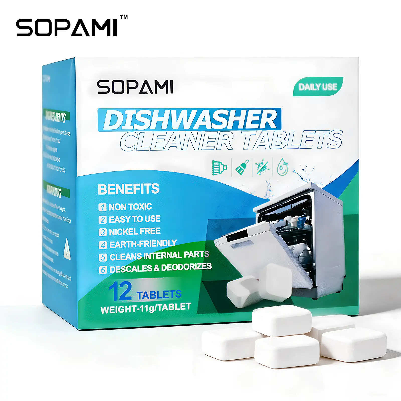 SOPAMI Dishwasher Cleaner Tablets | 12 Count (11g Each), Non-Toxic Nickel-Free & Earth-Friendly Formula, Cleans Internal Parts, Descales and Deodorizes, Easy to Use