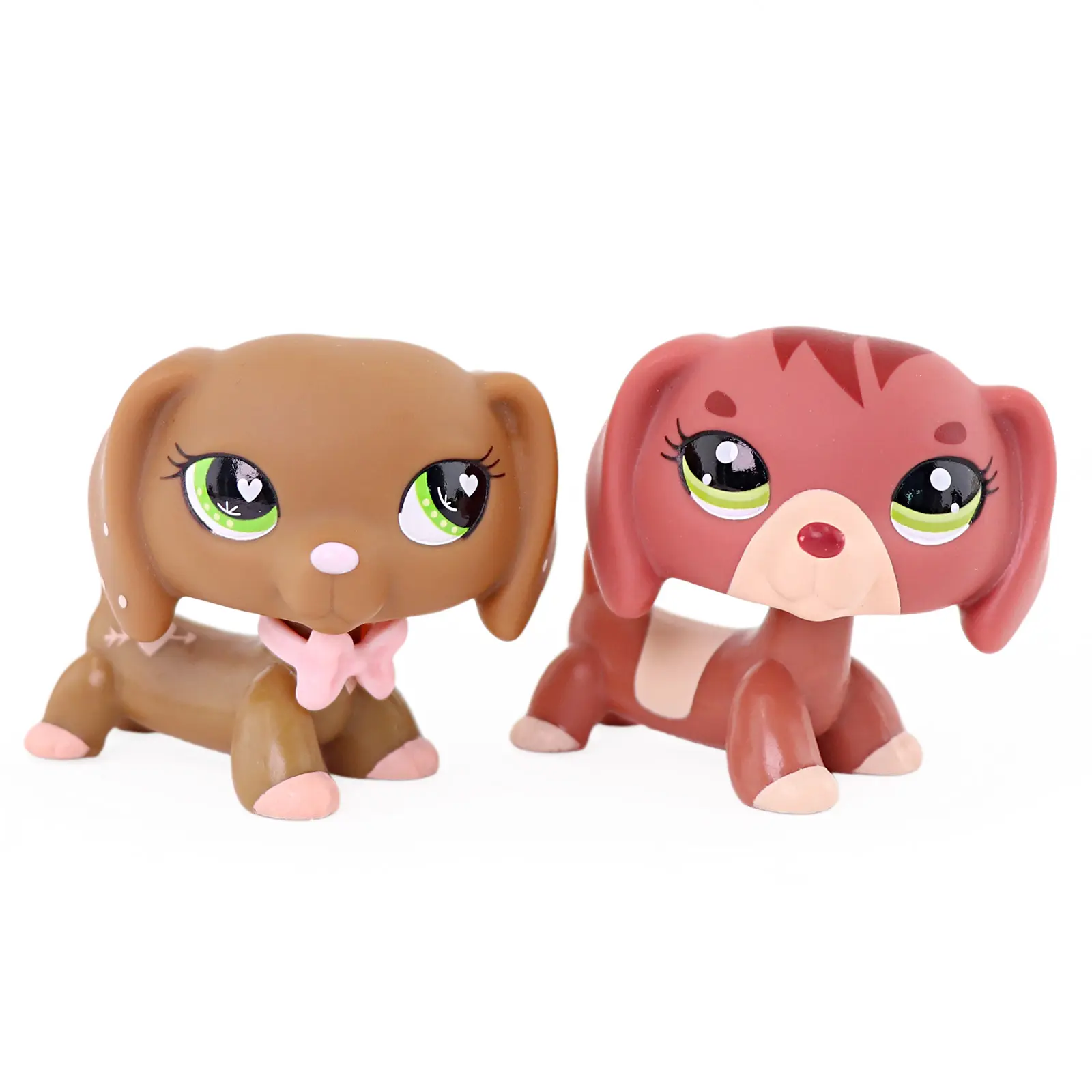 2 Pcs Plastic Mini Dachshund Puppy Figurines Set - Smooth Cartoon Long Body Dog Figures with Pink Bow, Hand-Painted Collectible Pet Statues, Table Decor Gift for Kids Birthday Party Favor