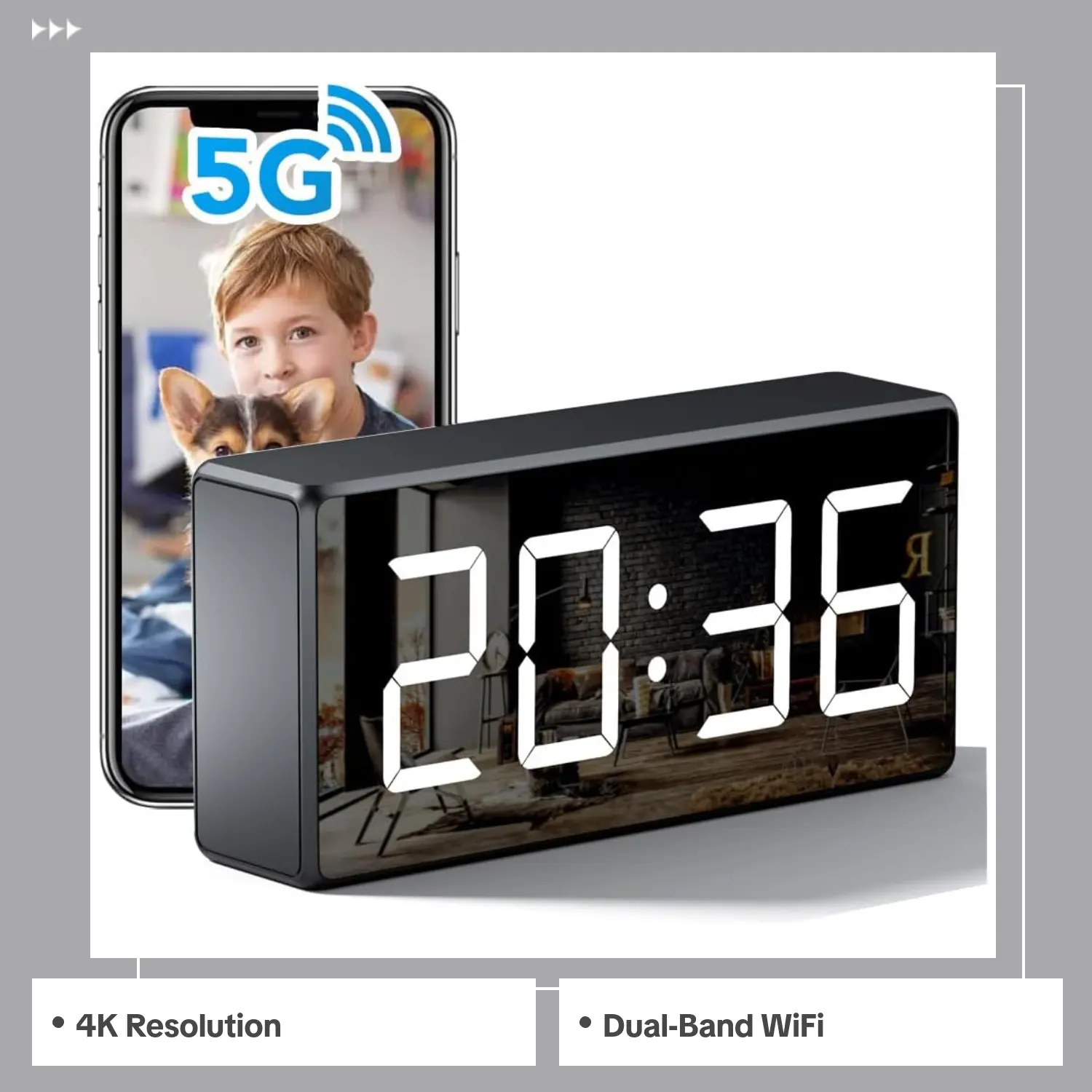 5MP Wi-Fi Camera Clock, 2.4G/5G Dual-Band Indoor Security Nanny Cam for Parents, Baby Monitor with Motion Detection, Night Vision & Smart Monitoring Features
