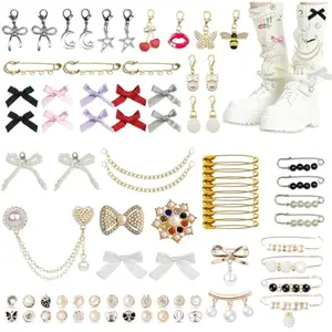 New Junk Socks Charms Kit 80 Pcs, Pearl Rhinestone Gold Bling Brooch Pins Costom Sock Charms Kit with Safety Pins Bows, DIY Accessories for Decorating and Personalizing Socks Hat Bag Clothes