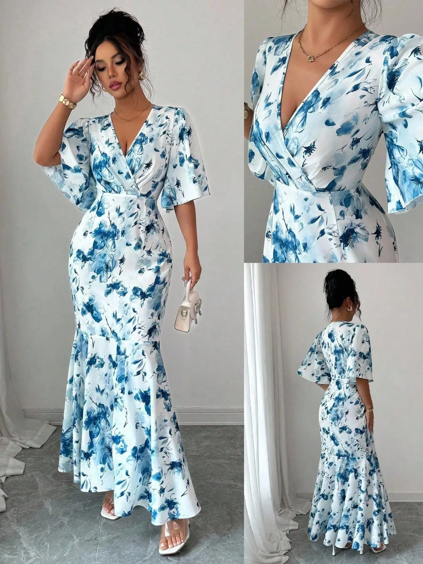 A long fishtail summer chic feminine boho flowy dress with tie-dye print, V-neck and flutter sleeves. Designed in French romantic and elegant style, it is suitable for vacations, weddings, parties, dates and formal occasions.