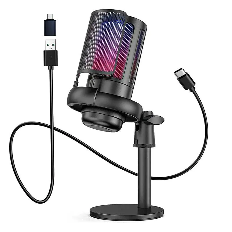 Professional USB Condenser Microphone, RGB Lighting Microphone with Holder, Recording, Live Streaming, Gaming, Karaoke Singing ME6S Microphone, Audio
