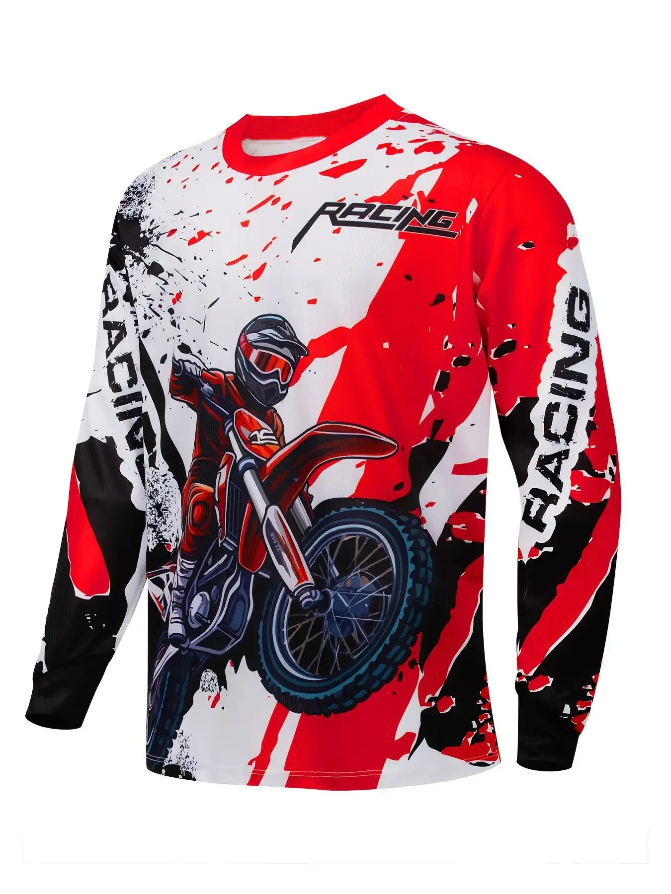 Men's Off-Road Motorcycle Print Long Sleeve Riding Shirt, Breathable Quick-Dry Mountain Bike Outdoor Sports Top, Round Neck Moto T-Shirt, Cycling Training Apparel, Sports Clothing, Outdoor Tops