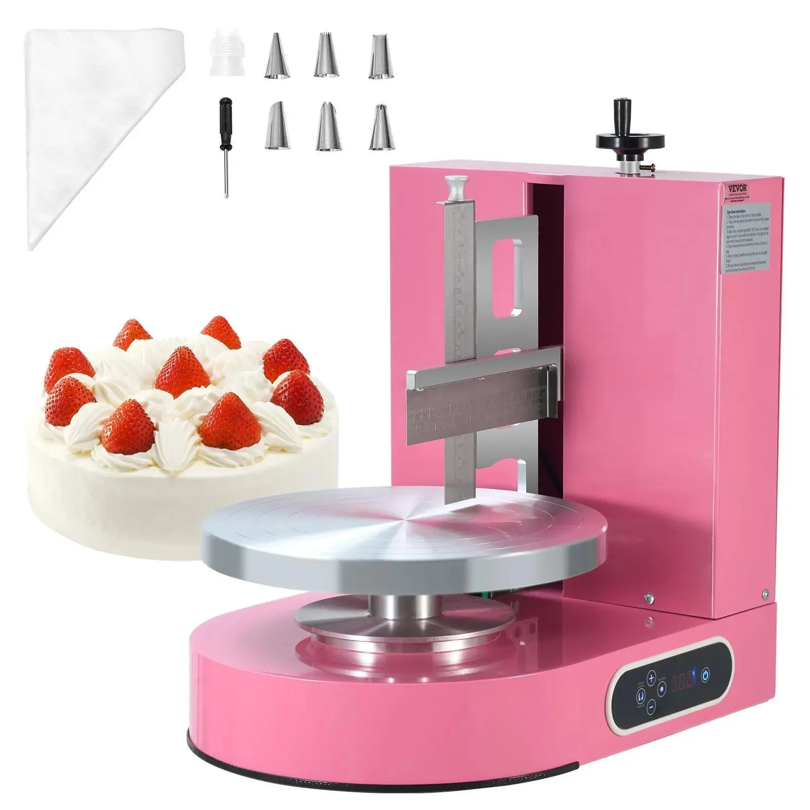 【Summerfinds】VEVOR Cake Decorating Machine,  Cake Cream Spreading Coating Smearing Machine, Low Noise Cake Frosting Machine, Turntable with Adjustable Scraper, for 4" to 12" Cake, 25-320RPM Rotating Speed, Pink