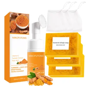 MIAOFUTONG Turmeric Wash & Care Set - 3-Piece Family Cleansing Mousse & Soap - Kojic Acid & Lemon Extract - Alcohol-Free - 300g - Daily Skincare Routine - Cleanser
