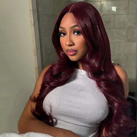 Dark Burgundy Colored Body Wave Transparent Lace Front Human Hair Wigs Pre Plucked 180% Density Wig with Natural Hairline for Girls