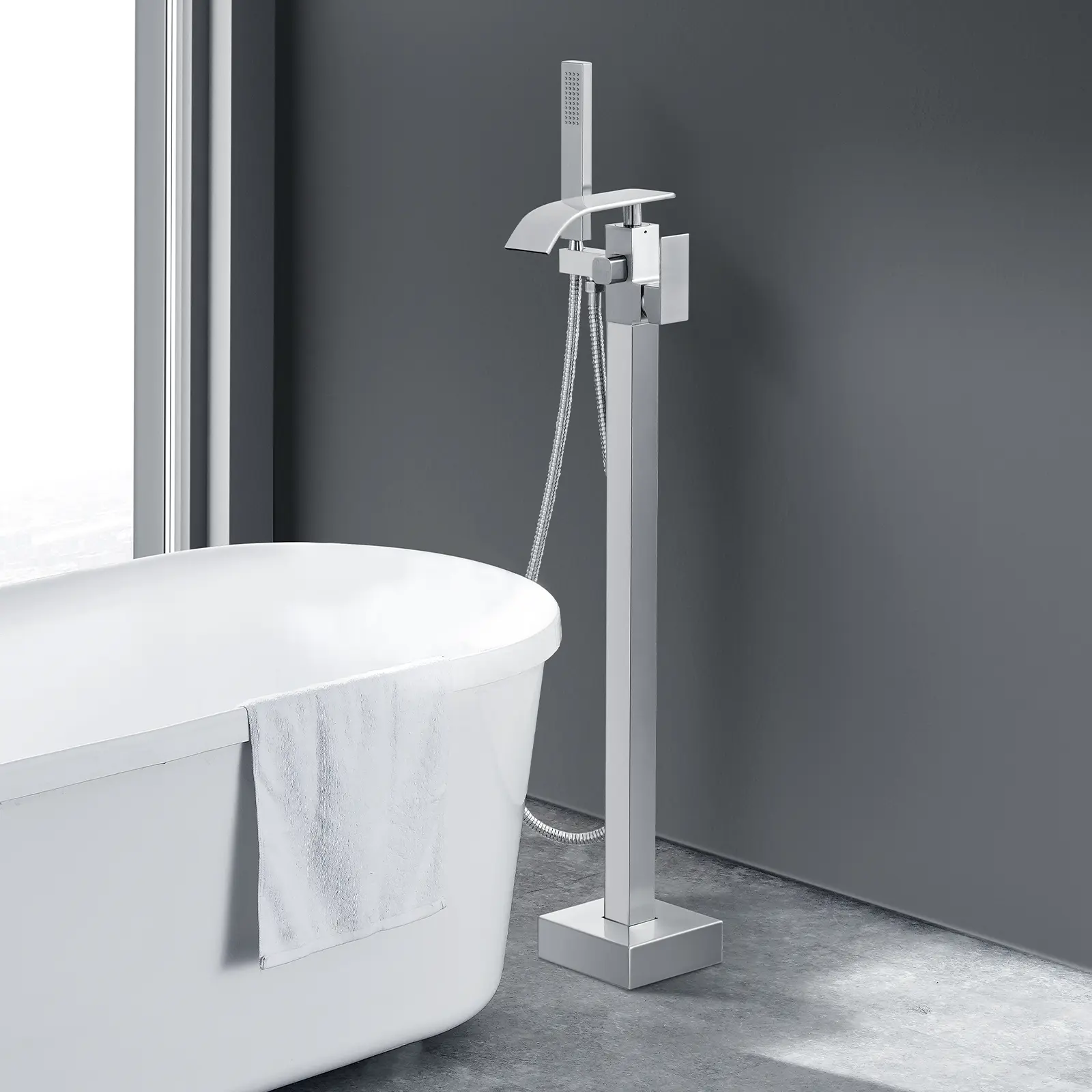 【Summerfinds】VEVOR Freestanding Bathtub Faucet,Floor MountFreestanding Tub FillerShower Mixer TapsTwo Water Modes360° Swivel Spoutfor Bathing & Showering Pet Bathing Cleaning Drains Toilet Flushing, Waterfall Faucet, Double Handle Faucet