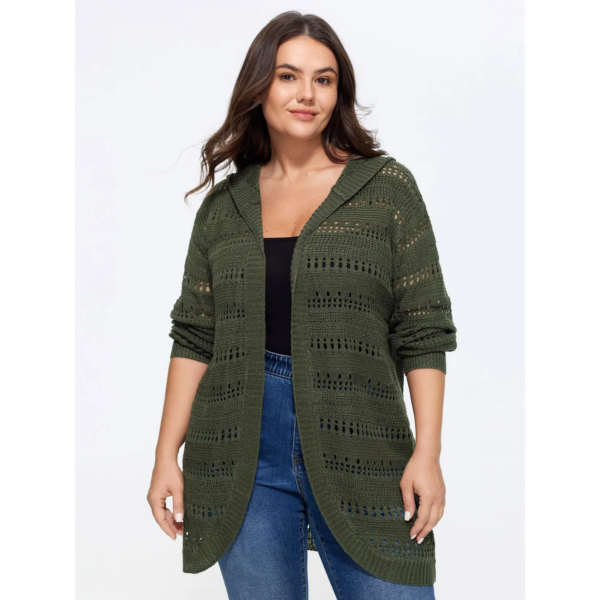 BloomChic Women's Plus Size Knitwear Hooded Open Front Cut Out Long Sleeve Cardigan [M-6X] - Casual Fabric Garment, 2026 Summer Outfits, Summer Finds, Tops, Hooded Neck, Front Opening, Plus Size Clothes, Acrylic Knit, Basic, Cable Cut-Out, Regular Sleeve