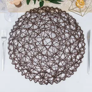 6-Pack Woven Fiber Table Placemats 15" Round Design Dark Brown - Disposable Dining Mats