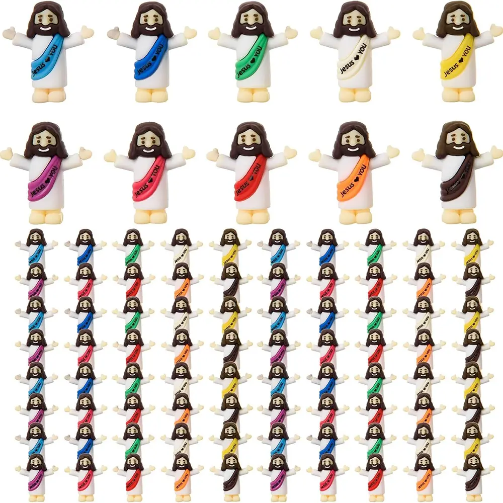 10-50 Pcs Mini Jesus Figurines with "Jesus Loves You" Sash - 1.38" Soft Rubber Christian Toys Perfect for Easter Egg Fillers, Hide a Jesus Game & Sunday School Prizes