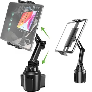 Cup Holder Car Tablet Mount for Truck, 360° Adjustable 15" Long 2-Arm Stand Holder for iPad Pro 12.9/11/10.5/9.7/Air/Mini 6/5/4, Galaxy Tab/Z Fold 6/5/4, iPhone 17/16/Pro, 4.7-12.9" Tab &Phone