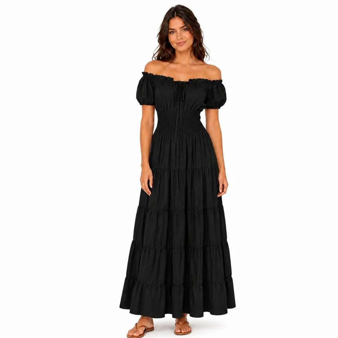 Women's Atelier Stella Renaissance Tiered Short-Sleeve Maxi Dress - Pirate Peasant Wench Irish Medieval Boho Chemise, Gothic Halloween Faire Outfit, Plain Beige Basic Minimalist Womenswear 6531-D1, Shortsleeve
