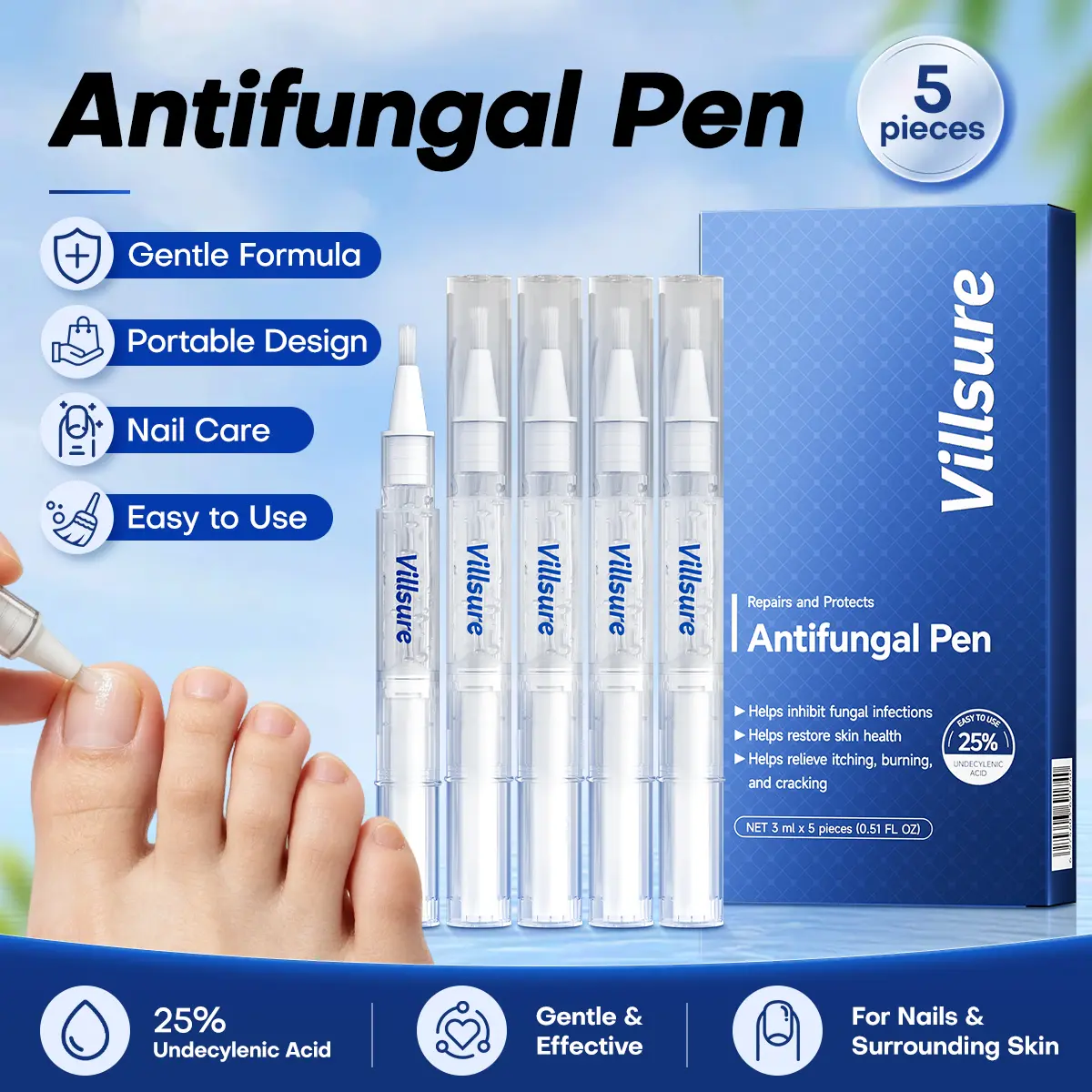 5-Count Villsure Antifungal Pen - 25%Undecylenic Acid Formula, Portable On-the-Go Care forFungal, Discolored and Thickened Nails