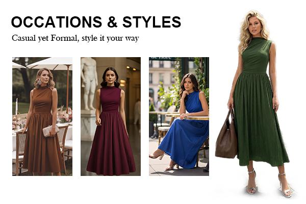 Miusol 85234B Women's Summer Maxi Dresses for Women 2026 Spring Sleeveless Half Collar Casual Ruched Swing A-Line Dress with Pocket Sundress Flowy Beach Dress