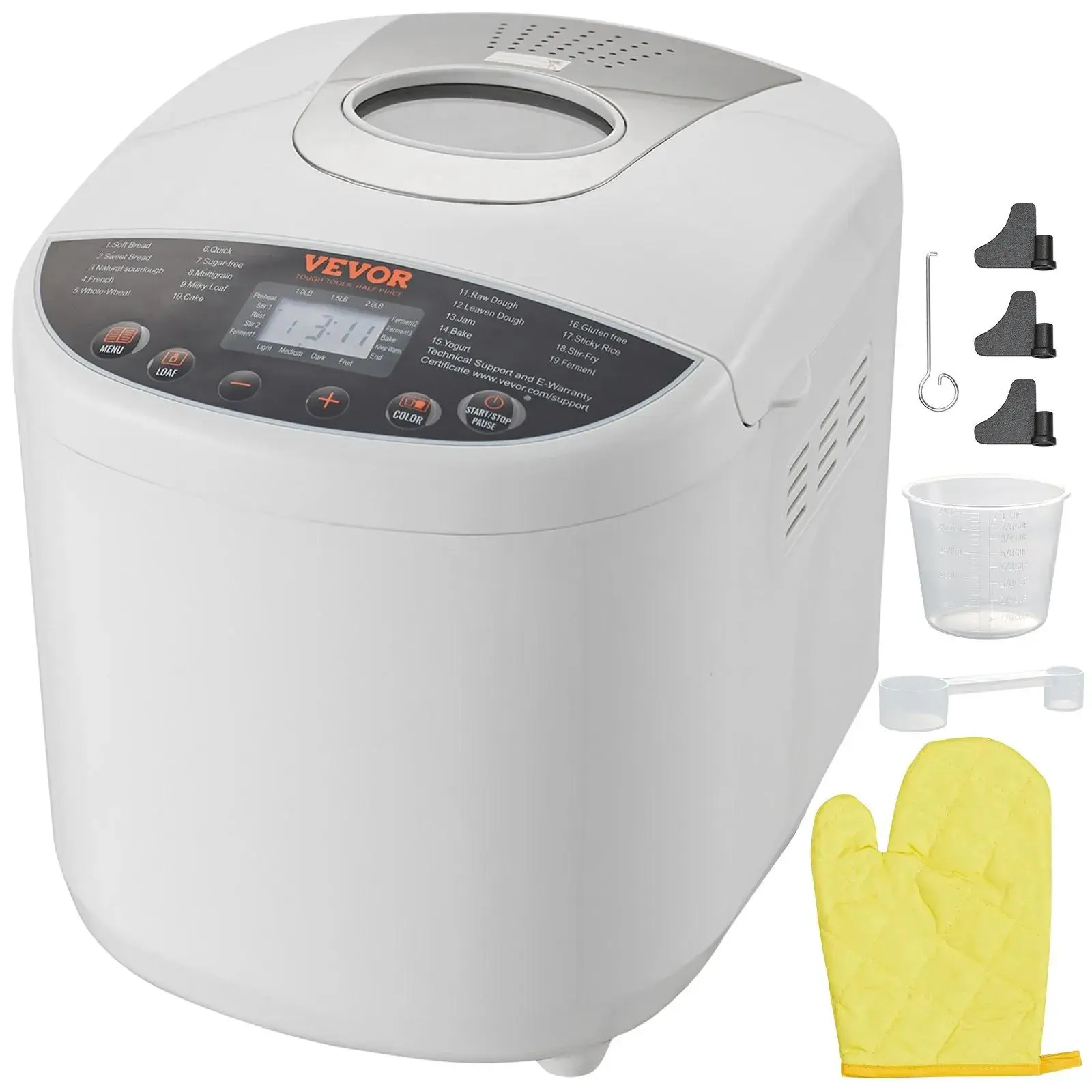 【Summerfinds】VEVOR Multifunction Bread Maker, 19-Function Programs, 2LB Nonstick Ceramic Pan Dough Machine, Gluten-Free Mode, Whole Wheat Setting, Digital Control, 15-Hour Smart Reservation, Programmable, 3 Loaf Sizes, 3 Crust Colors, White