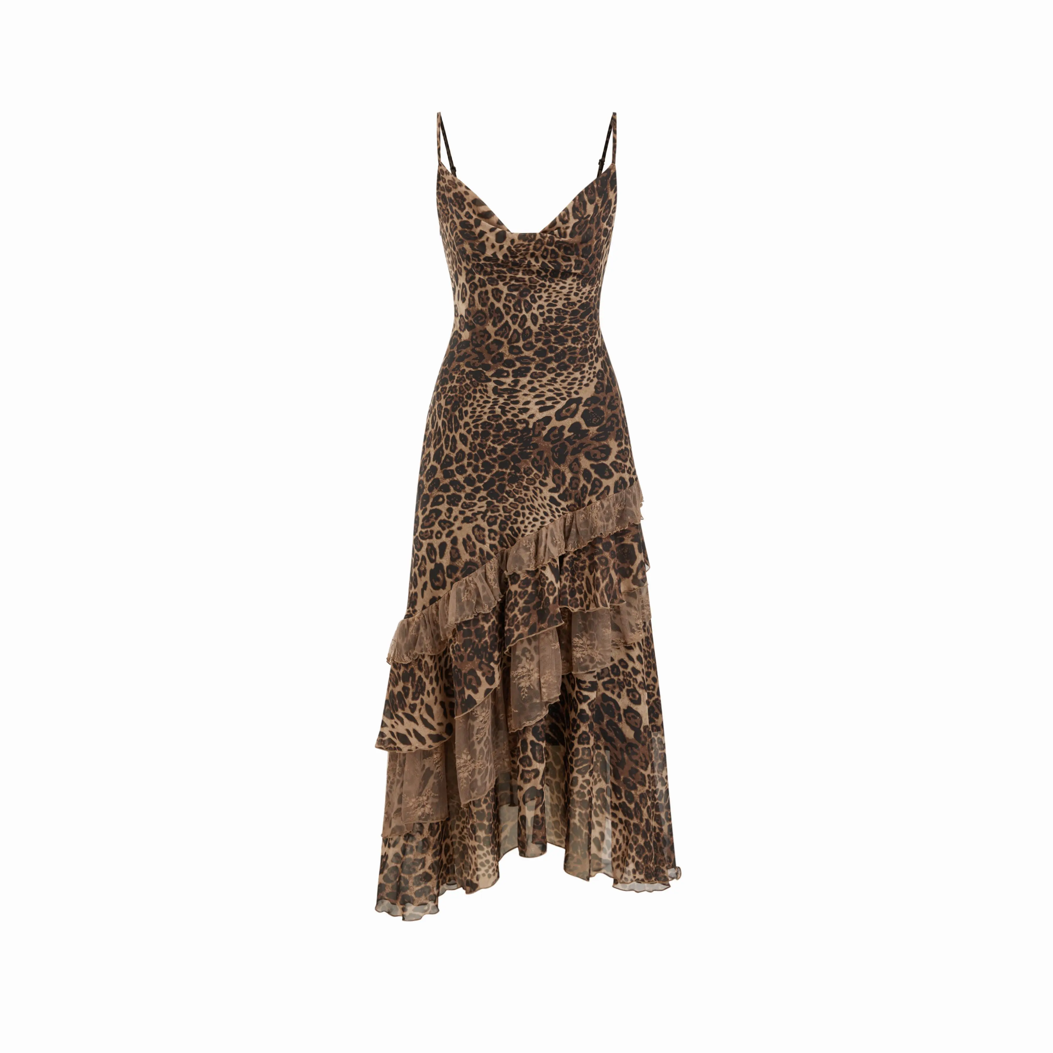 Cider Women's Leopard Print Polyester Cami Maxi Dress, Casual Full Length with Cowl Neck and Ruffle Detail, Casual Wear, Sleeveless, Maxi Length