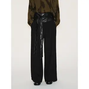 Urban Revivo 2026 Spring Faux Leather Tie-Waist Wide-Leg Women's Trousers, Chic Style Bottoms with Premium Fabric for Fashionable Women