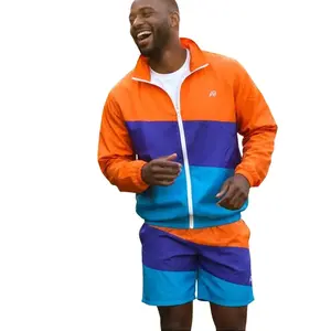 AR Sportswear Men's 2-Piece Set - Orange & Purple Colorblock Windbreaker Jacket & Matching Shorts - Medium Size - Comfortable & Stylish Casual Wear