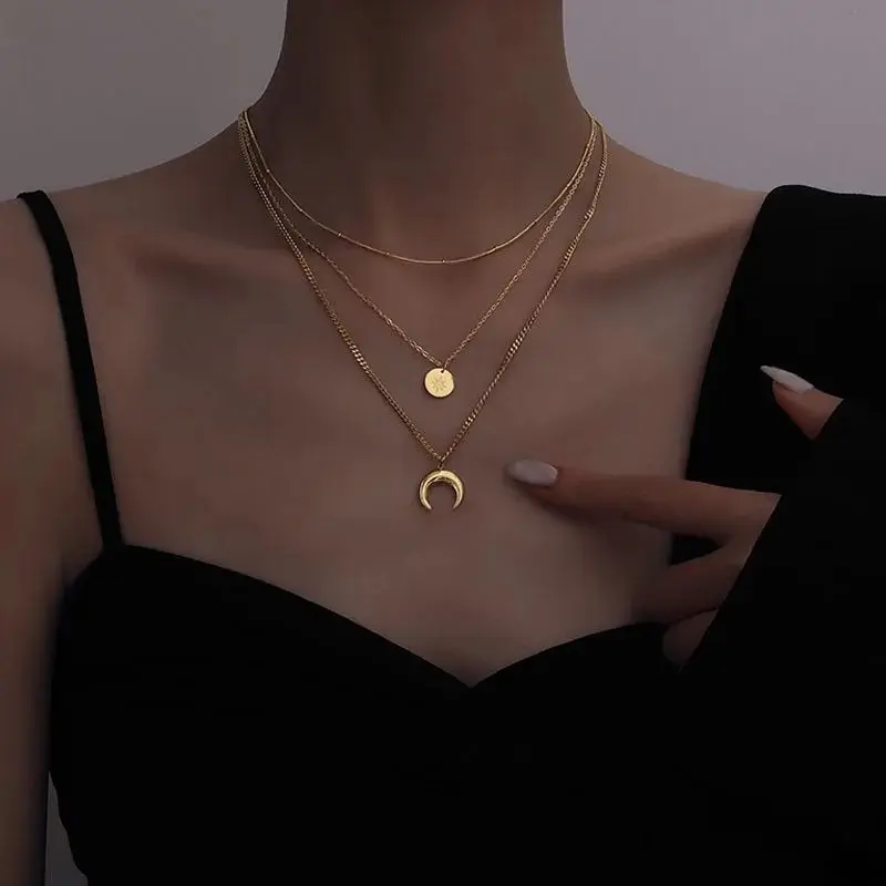Stainless Moon Titanium Steel Tassel Plating Chain Pendant Necklace 1 Piece Gold Finish Fashion Jewelry Accessory Crystal Bowknot