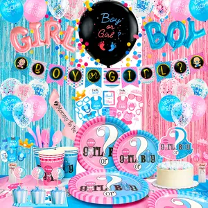 Gender Reveal Party Decoration Pack,158pcs Gender Reveal Decorations Kit Includ Gender Reveal Plates Cups Table Cloth & Boy or Girl Foil Balloons Banner Cake Toppers etc Gender Reveal Party Supplies