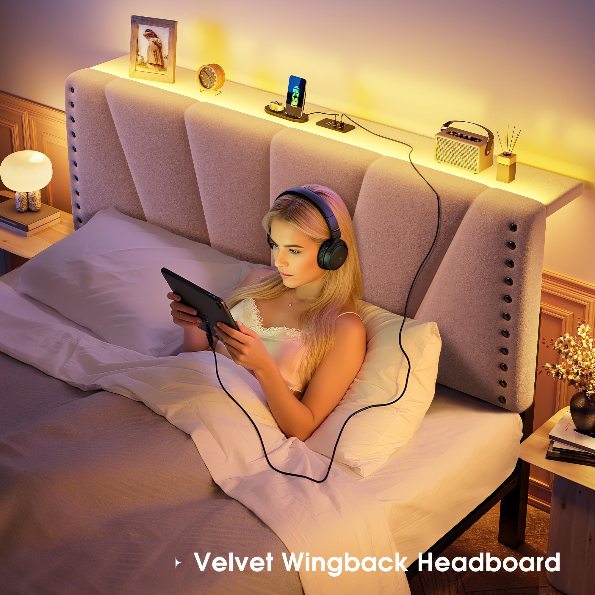 Bed Frame King Size with LED lIghts & Charging Station, Upholstered Queen Bed Frame with Shelves, Luxury Bedframe, Bedroom FurnitureNo Mattress, Noise Free, Holds 880LBS, Wood Slats & Metal Frame, Beige, Gray