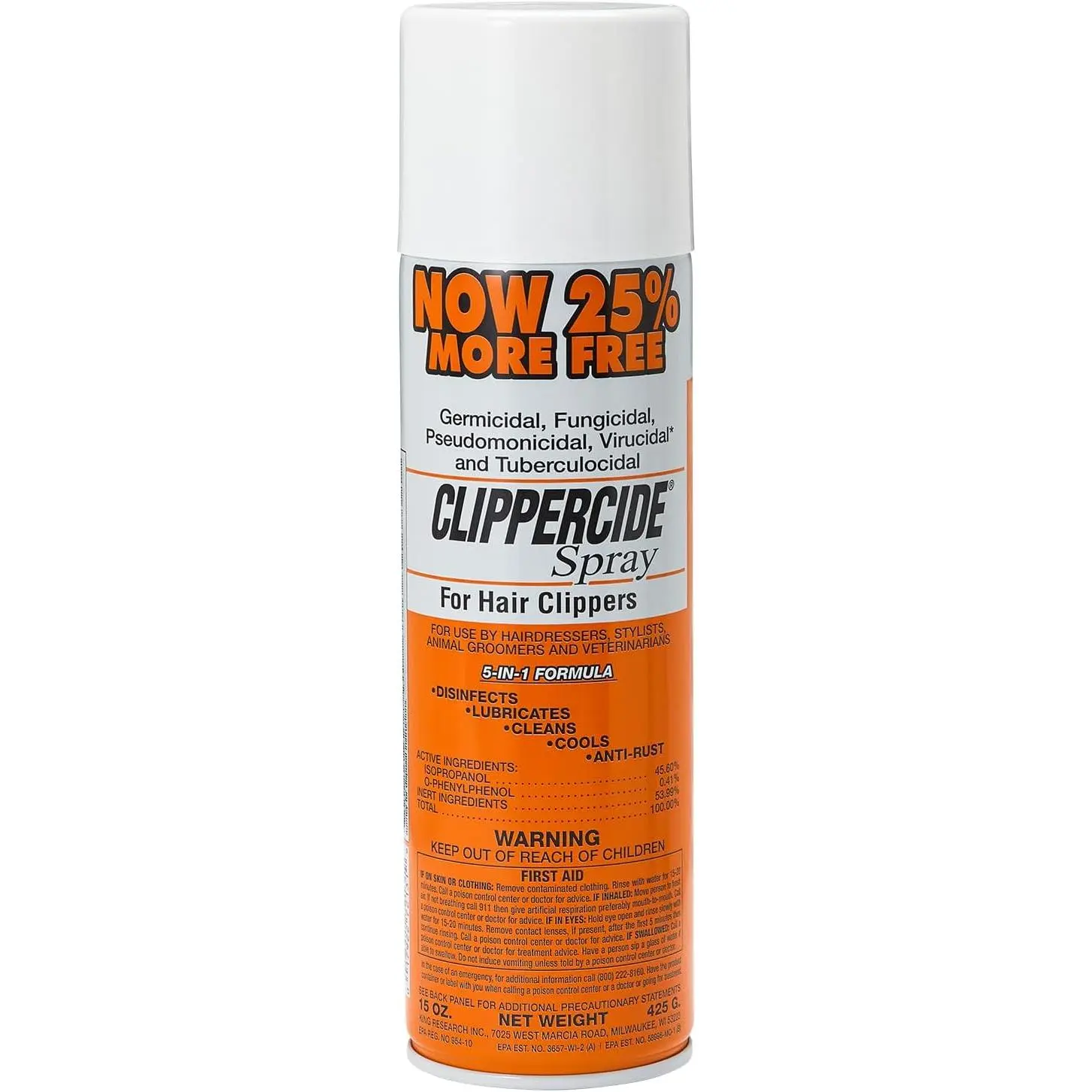 Clippercide 5-in-1 Clipper Disinfectant Spray, Multifunctional Cleaner for Professional Barbers & Stylists, Cools, Cleans & Prevents Rust, 15 oz