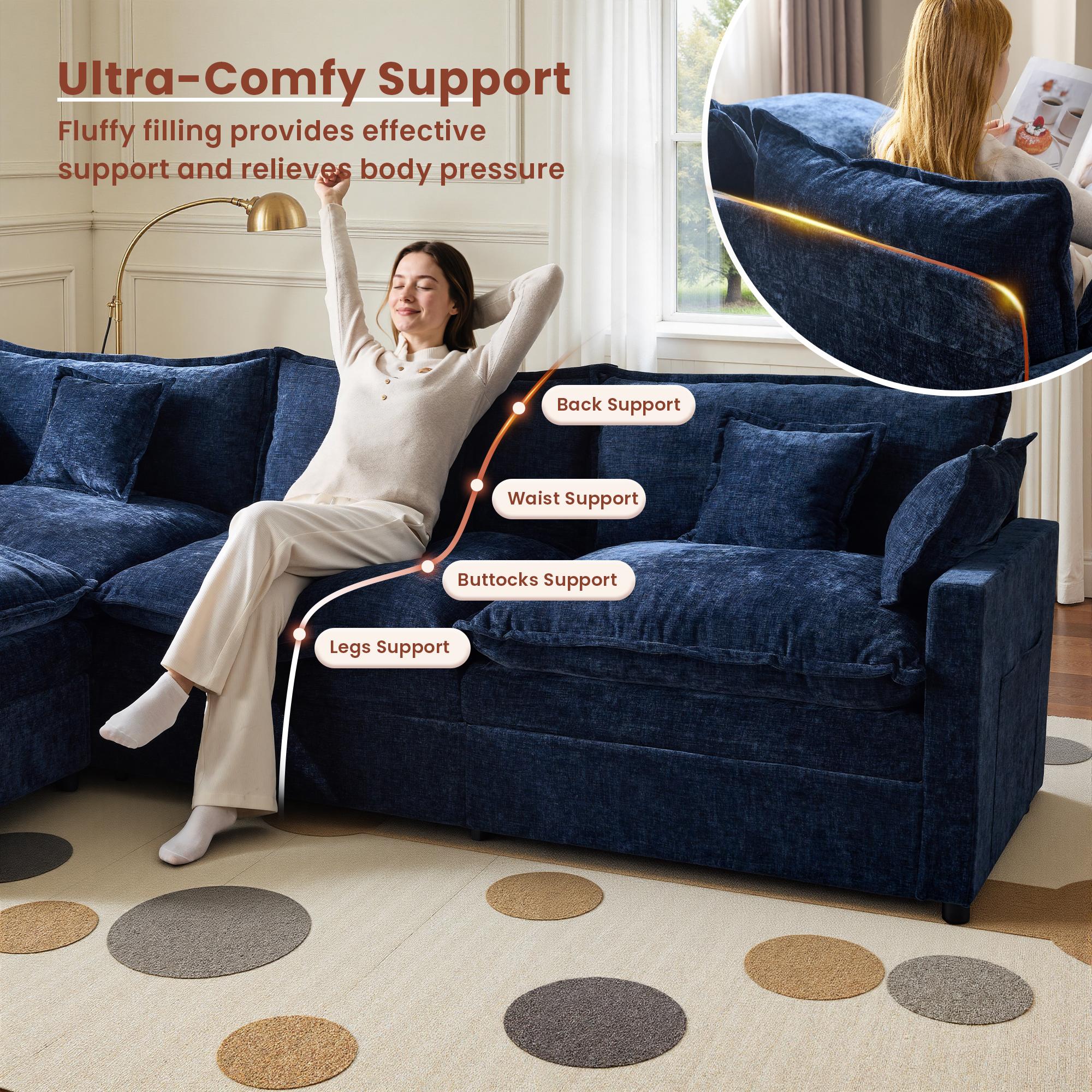 【2/3 Packages Shipping】Ovios 143" U-Shaped Modular Sectional Sofa with 2 Ottomans, Comfy Chenille Cloud Couch, Deep Seat Sofa Bed with 5 Pillows for Living Room, Bedroom & Apartment