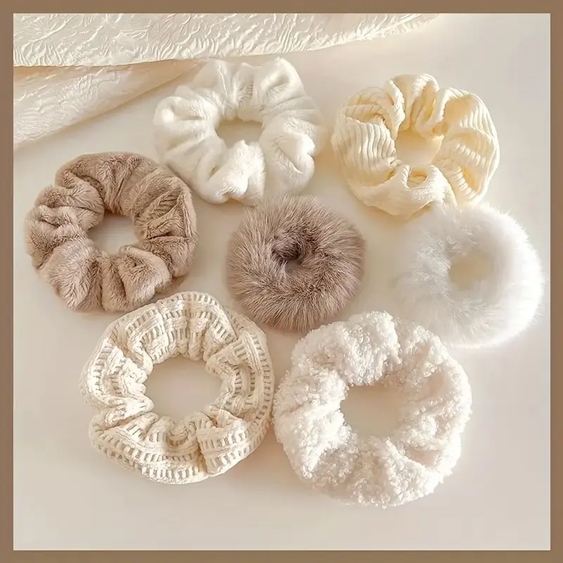 7pcs Plush Scrunchies Set, Soft Elegant Solid Color Elastic Bands, Female Hair Ties for Women